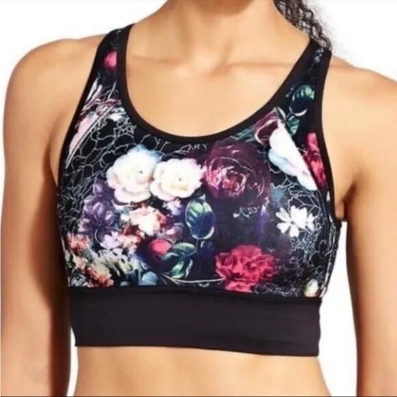 Athleta Medium Movement Floral Sports Bra Black Red Size Small - Picture 1 of 8